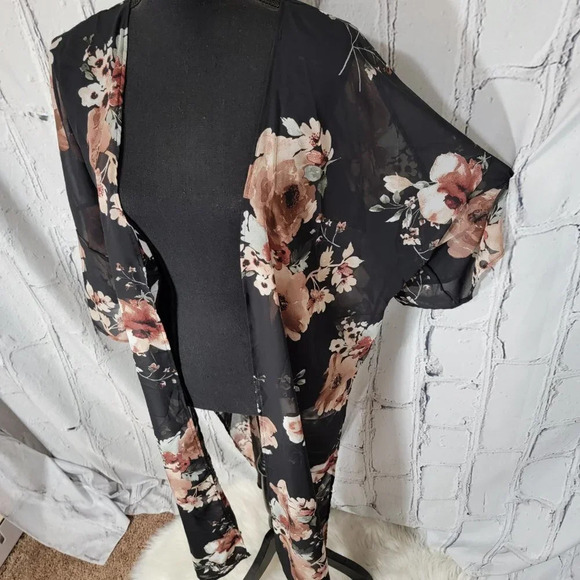 Vision Womens Large Flowy Open Front Side Slit Kimono Cardigan Boho Bohemian - Picture 2 of 9